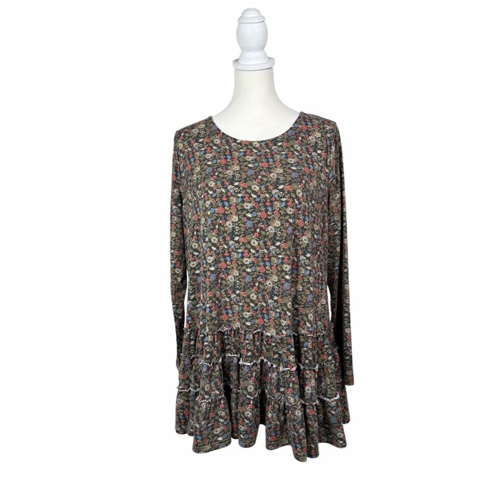 Easel Floral Tiered Ruffle Hem Tunic Dress Boho Cottagecore Size L Casual